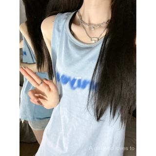 🌷พร้อมส่ง🌷 เสื้อยืดเสื้อกล้ามแขนกุดสำหรับผู้หญิงเสื้อเบลาส์ความยาวปานกลางพิมพ์ลายตัวอักษรทรงหลวมสำหรับฤดูร้อน SK500076