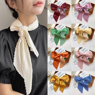 ผ้าพันคอ ผ้าโพกหัว ผ้าไหมซาติน แต่งริบบิ้นย่น ขนาดเล็ก 10x135 ซม. สีพื้น สไตล์เกาหลี สําหรับตกแต่งกระเป๋า