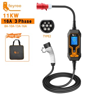 Feyree ที่ชาร์จไฟฟ้า แบบพกพา 11KW 16A EV Type2 EVSE CEE Plug IEC62196-2 สําหรับรถยนต์