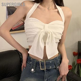 Halter Neck Bow Tank แขนกุดไม่มีสายหนัง Ruched Pure Color Short Tube Top สำหรับผู้หญิงฤดูร้อน SUPERGIRLS~