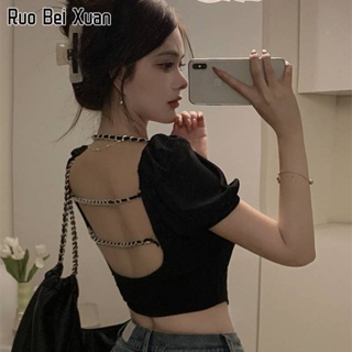 RUO BEI XUAN เสื้อยืดสตรี 2023 ใหม่แฟชั่นสไตล์เกาหลี Cropped Halter Tops