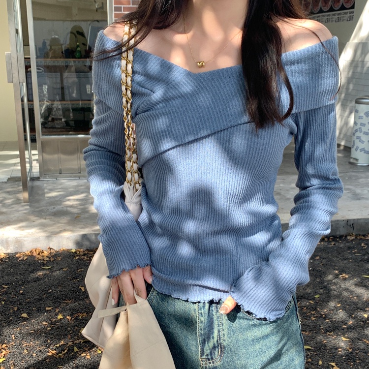 Suxi เสื้อแขนยาว เปิดไหล่ข้างเดียว ผ้าถัก สีพื้น เรียบง่าย แฟชั่นฤดูใบไม้ผลิ - รูปที่ 6