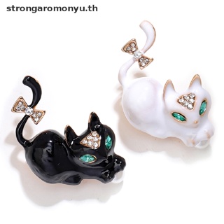 Strongaromonyu เข็มกลัด รูปแมว ประดับเพชร สีดํา สีขาว สไตล์เรโทร สําหรับผู้หญิง