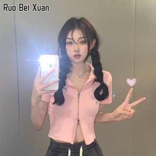 RUO BEI XUAN เสื้อเชิ้ตผู้หญิง 2023 ใหม่สไตล์เกาหลีโปโลคอสั้นเข้ารูปแขนสั้นท็อปส์