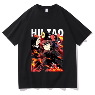 ย้อนยุคgenshin mens and womens t-shirts, printed with hu tao impact, loose large, short sleeves, interesting, anime, s