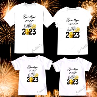 เสื้อยืดGoodbye 2022 Hello 2023 Family Set Tshirts New Year Set Family Theme Reunion Tshirt Graphic Tees