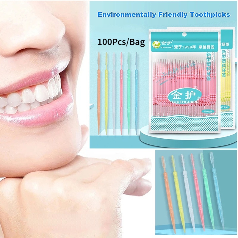 [สุ่มสี] 100 ชิ้น / ถุง ไม้จิ้มฟัน แบบใช้แล้วทิ้ง พร้อมแปรง ทําความสะอาดฟัน ไม้จิ้มฟัน ไหมขัดฟัน แบบพกพา สองหัว เครื่องมือทันตกรรม แปรงดูแลช่องปาก