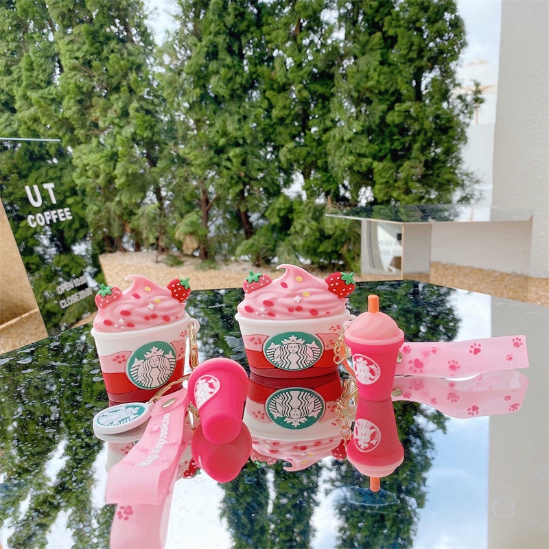 สีชมพู สําหรับ airpods 1 2 pro 3 เคสหูฟัง ลายสตรอเบอร์รี่ ไอศกรีม พร้อมพวงกุญแจ