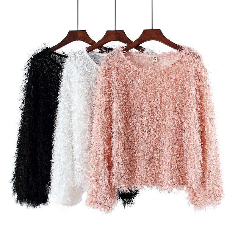 Fringed แขนยาวด้านบนฤดูใบไม้ร่วงสไตล์ใหม่เวอร์ชั่นเกาหลีรอบคอสั้นสไตล์แขนโคมไฟ Furry Bottoming เสื้อ