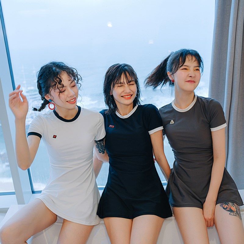 MSSHOW เกาหลี INS สไตล์ Street กีฬานักเรียน Conservative Meat Covering Dress Simple Casual ครึ่งแขนก