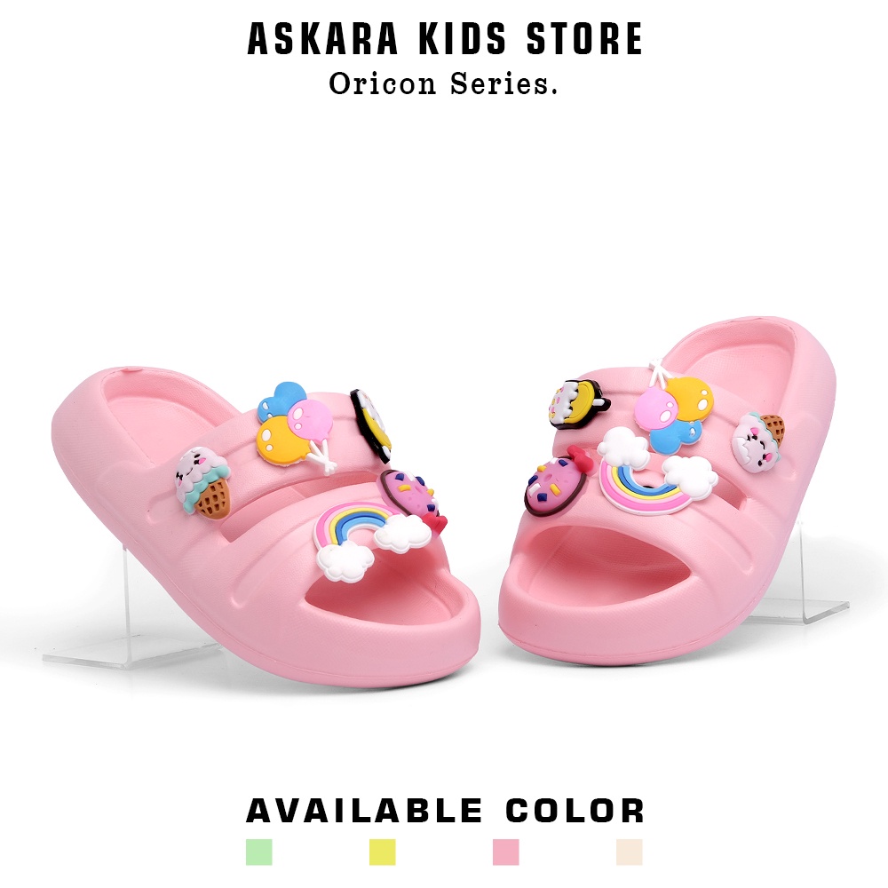 WAREHOUSE Bandua รองเท้าแตะเด็กผู้หญิงที่มีตัวอักษร jibbitz สายรุ้งน่ารัก 24-35