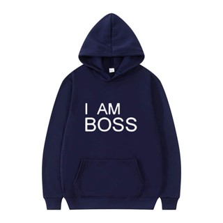 ( 8 สี ) เสื้อกันหนาวแขนยาว มีฮู้ด พิมพ์ลาย I AM BOSS ทรงหลวม สไตล์ฮิปฮอป แฟชั่นเรโทร สําหรับผู้ชาย (ตัดเล็ก) 1030