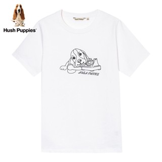 เสื้อยืดแขนสั้น ผ้าฝ้าย ทรงหลวม พิมพ์ลาย Hush Puppies แฟชั่นฤดูร้อน สําหรับผู้หญิง