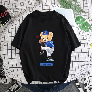 SALES T-SHIRT PEREMPUAN LELAKI BAJU TEDDY BEAR PLAY HARD BASEBALL WOMEN MEN KAIN COTTON/Wanita/Oversize/Plus Size T_02