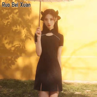 RUO BEI XUAN Cheongsam สตรี 2023 ใหม่สไตล์จีนสวมชุดเดรสสั้นสีดำเซ็กซี่