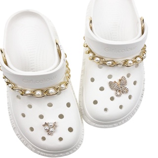 CROCS เครื่องประดับ จี้โบว์ ประดับไข่มุก สีทอง แฟชั่นสําหรับผู้หญิง