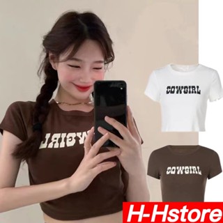 H-Hstoreเสื้อยืด 👕เสื้อครอปแฟชั่นทรงเข้ารูปผู้หญิงเสื้อครอปพิมพ์ลายตัวอักษรผู้หญิงเสื้อยืดแขนสั้นสไตล์สาวฮอตรุ่นใหม่✨