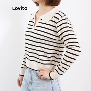 (เซเลปเลือก)Lovito เสื้อแขนยาว คอโปโล ลายทาง