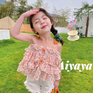 Aiyaya เสื้อผ้าเด็กผู้หญิง ชุดเสื้อผ้าเด็กผู้หญิง เสื้อกั๊ก+กางเกงขาสั้น ชุดเซ็ท 2 ชิ้น（524）