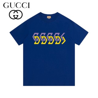 Gucci ของแท้ 100% เสื้อยืดแขนสั้นลําลอง ผ้าฝ้ายถัก พิมพ์ลาย GG ทรงหลวม แฟชั่นฤดูร้อน สําหรับผู้ชาย และผู้หญิง คุณภาพ