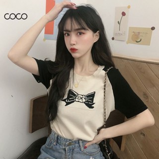 Coco~เสื้อยืด เสื้อยืดถัก เย็บปักถักร้อยโบว์แฟชั่น สไตล์เกาหลี