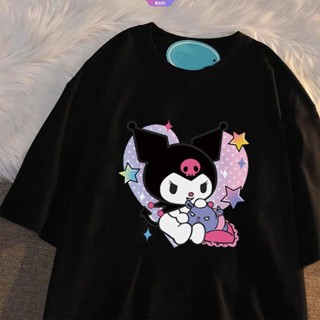 เสื้อยืดแขนสั้นลําลอง ผ้าฝ้าย แบบบาง ทรงหลวม พิมพ์ลายการ์ตูนอนิเมะ Sanrio Kuromi BAKU แฟชั่นฤดูร้อน สไตล์ญี่ปุ่น สําหรับเด็กผู้หญิง [RAIN]