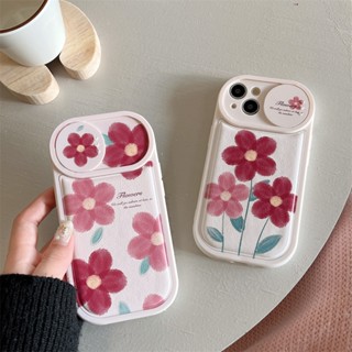 เคสโทรศัพท์มือถือหนังนิ่ม ลายดอกไม้ พร้อมตัวเลื่อนปิดกล้อง สําหรับ iPhone 14 13 12 11 Pro Max 14 Plus
