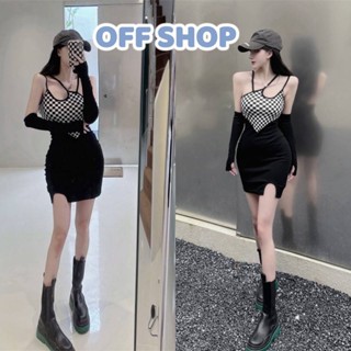 OFF SHOP พร้อมส่ง (OFF-81079)ชุดเดรสไหมพรม ดีเทลสาย3เส้นเท่ๆ แถมปลอกแขน