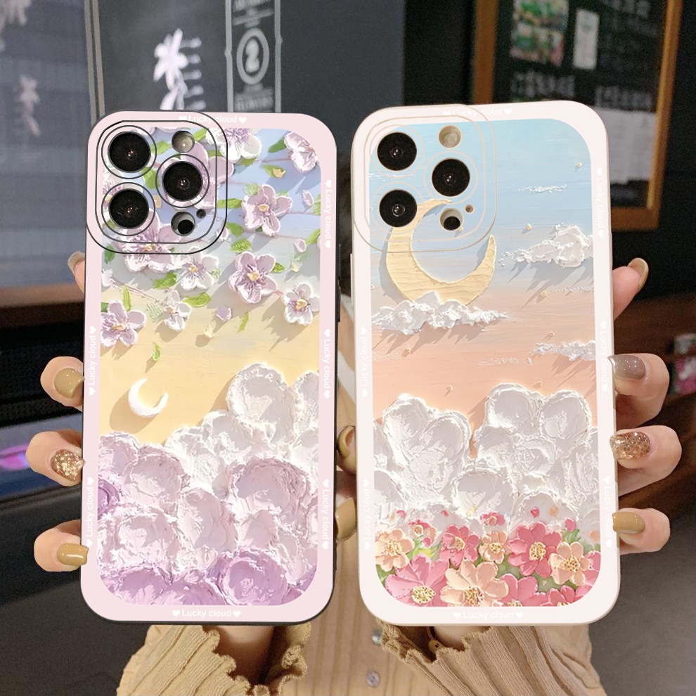 เคสโทรศัพท์มือถือ ขอบสี่เหลี่ยม ป้องกันเต็มเครื่อง ลายดอกไม้ ดวงจันทร์ เซเนอรี่ สําหรับ Samsung Galaxy S23 Ultra S23+ A24 A04E A04 4G A14 A34 A54 5G A11 A50 M12