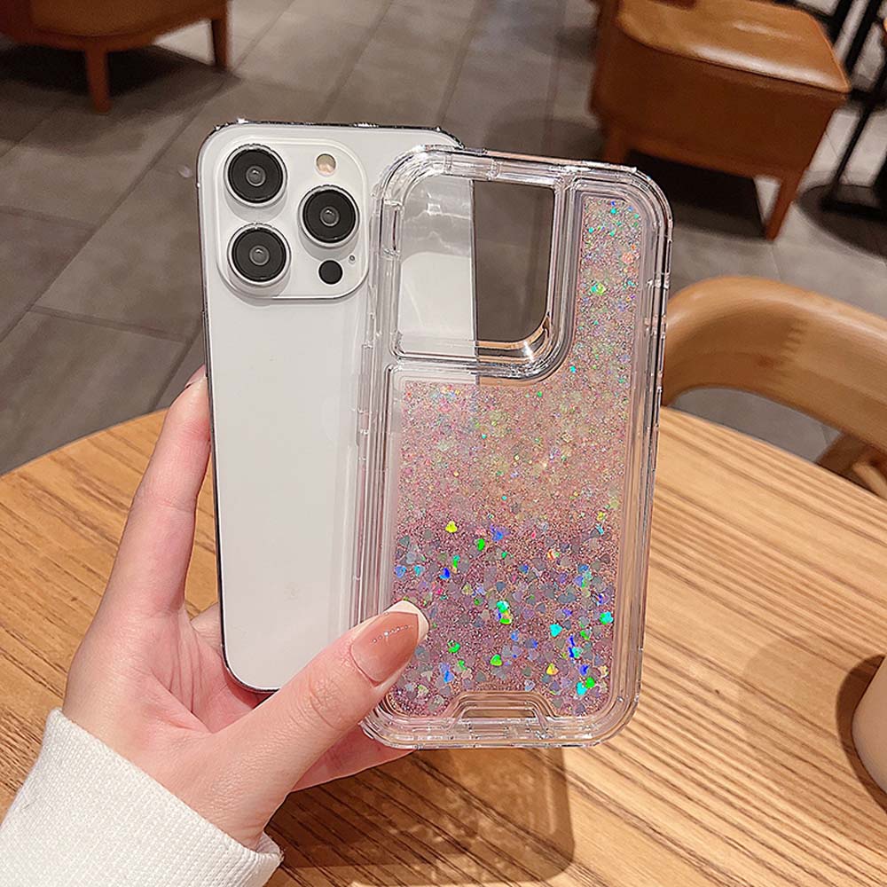 เคสโทรศัพท์มือถือแบบแข็ง กันกระแทก แต่งกลิตเตอร์ ไล่โทนสีชมพู ม่วง 2 In 1 สําหรับ iPhone 14PROMAX 12PROMAX 13PROMAX 12 11 11PRO 11PROMAX XR XSMAX 7 8PLUS 12MINI 13MINI 14 14PRO 14PLUS