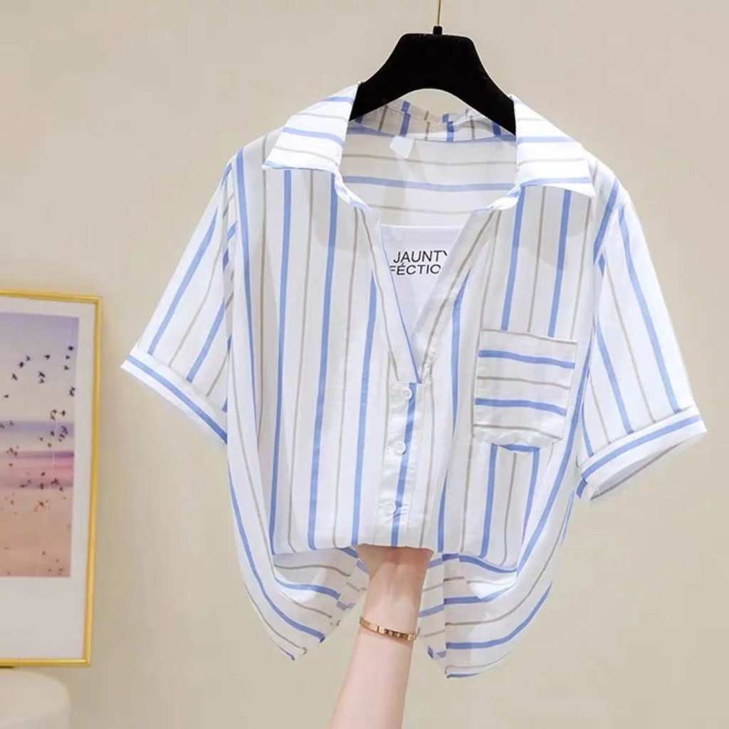 เสื้อเชิ้ตแขนสั้นลําลอง ทรงหลวม ลายทาง พลัสไซซ์ แฟชั่นสไตล์เกาหลี สําหรับผู้หญิง