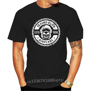 เสื้อยืดผู้ Skull FLYING CLUB AIRPLANE CHAIN PILOT AIRCRAFT เสื้อยืด สีดํา สําหรับผู้ชาย S-5XL