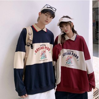 American Retro Matching เสื้อแขนยาวโปโลผู้หญิงเกาหลีหลวม OVERSIZE คู่เสื้อกันหนาว