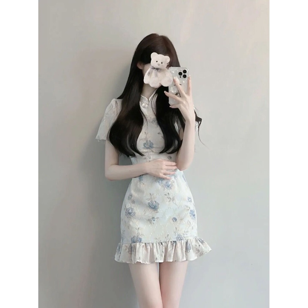 พร้อมส่ง เดรสแฟชั่นแขนสั้นพิมพ์ลายเซ็กซี่ กระดุมแน่น กระเป๋าคาดเอว กระโปรงสะโพก