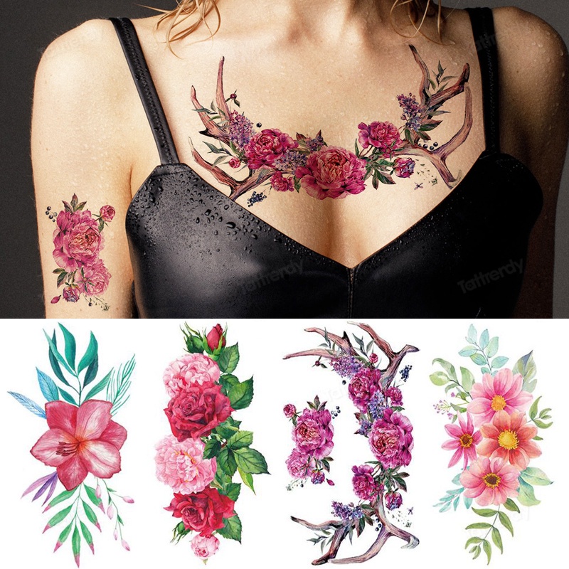 24 ชนิด 3D ดอกไม้ชั่วคราว Tattoo กันน้ํา Sunflower Rose Body Art สติกเกอร์ทิ้ง Make Up คอนซีลเลอร์ t