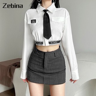 Zebina เสื้อสตรีใหม่สีทึบบางเสื้อโปโลแขนยาวคาร์ดิแกนเสื้อยืด