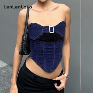 Lanlanlolo เสื้อยีนเซ็กซี่ ทรงไม่สมมาตร สีพื้น สําหรับผู้หญิง 2023