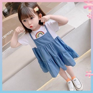 Childrens Fake Two-Piece Dress Summer Girls Cute Cartoon Princess Dress New Version Little Girls Western Style Midi Dress Loose