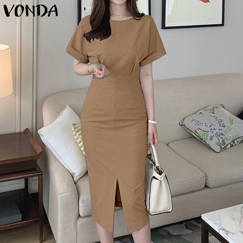 Vonda ชุดเดรสยาวลําลอง คอกลม แขนสั้น มีซิปด้านหลัง สีพื้น สไตล์เกาหลี สําหรับผู้หญิง