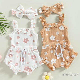 Babygarden-0-18 เดือน ชุดรอมเปอร์ แขนกุด ลายดอกไม้ + กางเกงขาสั้น + ที่คาดผม สําหรับเด็กผู้หญิง