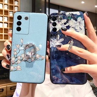 เคสโทรศัพท์มือถือนิ่ม ลายดอกไม้ แต่งกลิตเตอร์ พร้อมขาตั้ง สําหรับ Vivo V27 V27E V27 Pro