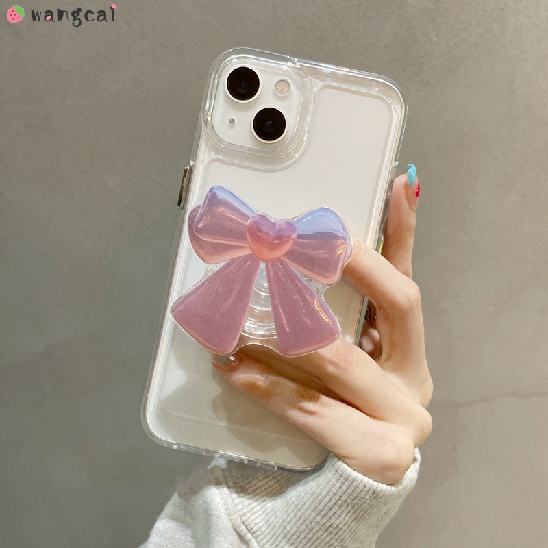 เคสโทรศัพท์มือถือแบบนิ่ม ใส ประดับโบว์ สีชมพู พร้อมขาตั้ง เรียบง่าย สําหรับ Samsung Galaxy S22 S22+ S21 S21+ S20 Note 20 Ultra 10 SE S20+ S10 Plus S10+