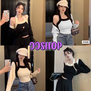 JJ shop 💜พร้อมส่ง  เสื้อสาย คล้องคอไหมพรม+เสื้อคลุมเกาหลีเกาใจ เป็นเซ็ท"47206"