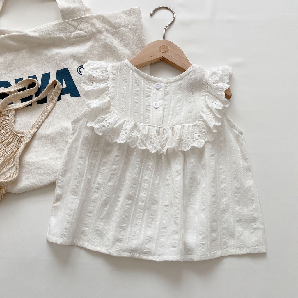 เสื้อแขนกุด ผ้าฝ้าย 100% แต่งลูกไม้ สีขาว ใส่สบาย สําหรับเด็กผู้หญิง อายุ 0-5 ปี