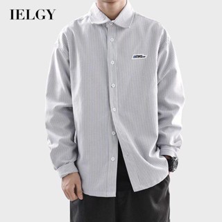 IELGY เสื้อเชิ้ตแขนยาว ลายทาง สไตล์ญี่ปุ่น ฮ่องกง ย้อนยุค ทรงหลวม สําหรับผู้ชาย