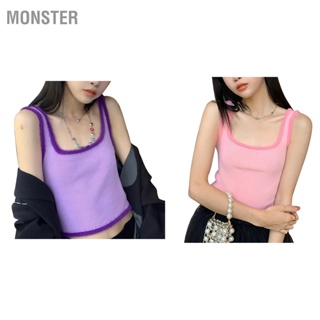  MONSTER เสื้อกล้ามถักแขนกุดผู้หญิงคอเหลี่ยมเข้ารูปพอดีตัวสั้นสีทึบเสื้อกั๊กครอบตัดพร้อมเย็บหรูหรา