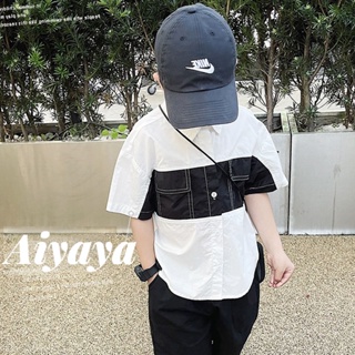 Aiyaya เสื้อเด็ก เสื้อผ้าเด็กผู้ชาย เกาหลี boy เสื้อเชิ้ตแขนสั้นแผงสีขาว（517）