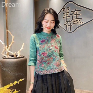 Ethnic style heavy industry embroidered cotton and linen shirt cropped sleeve top for women