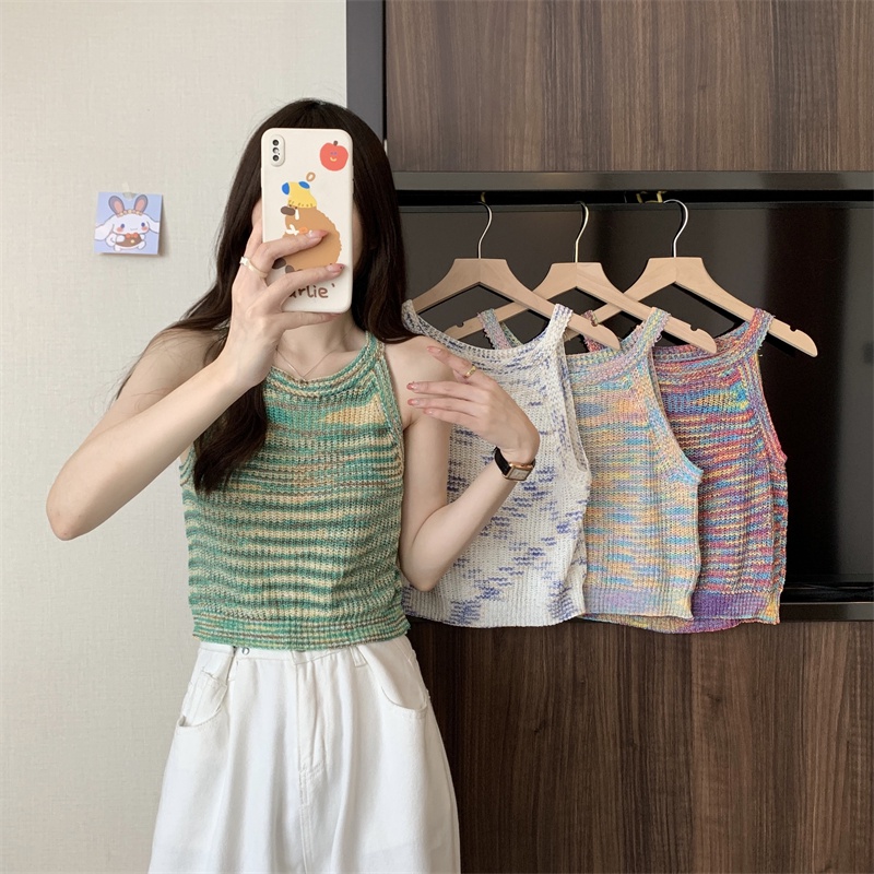 Cuties 0745 เสื้อแฟชั่นแขนกุดลายทาง เสื้อกล้ามคอกลมเนื้อผ้าไหมพรมสไตล์เกาหลี