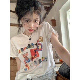 Cute and fun cartoon pattern printing short-sleeved T-shirt womens shoulders pure cotton summer tops for women